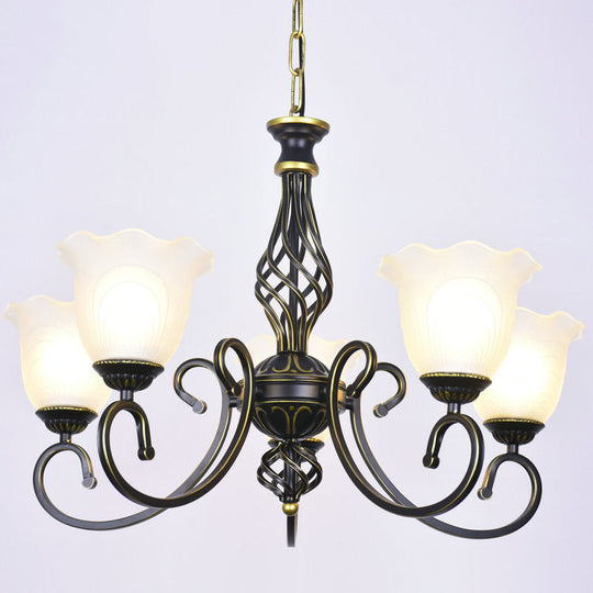 Ruffle Glass Floral Shade Chandelier For Classic Living Room Décor - Pendant Light With Scroll Arm 5
