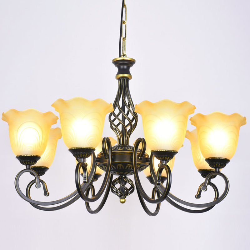 Ruffle Glass Floral Shade Chandelier For Classic Living Room Décor - Pendant Light With Scroll Arm