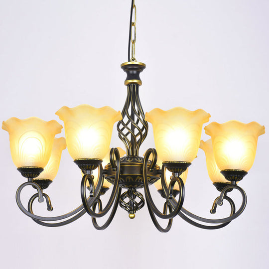 Ruffle Glass Floral Shade Chandelier For Classic Living Room Décor - Pendant Light With Scroll Arm 8