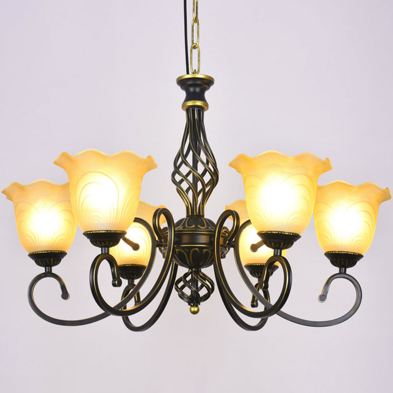 Ruffle Glass Floral Shade Chandelier For Classic Living Room Décor - Pendant Light With Scroll Arm