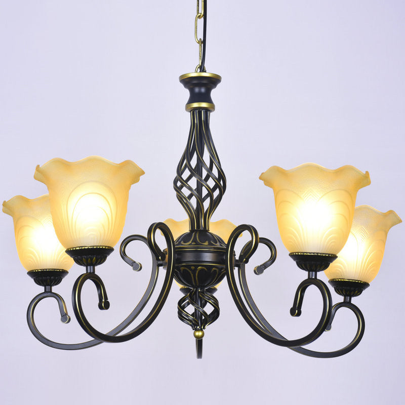 Ruffle Glass Floral Shade Chandelier For Classic Living Room Décor - Pendant Light With Scroll Arm 5