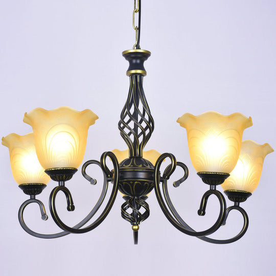 Ruffle Glass Floral Shade Chandelier For Classic Living Room Décor - Pendant Light With Scroll Arm 5