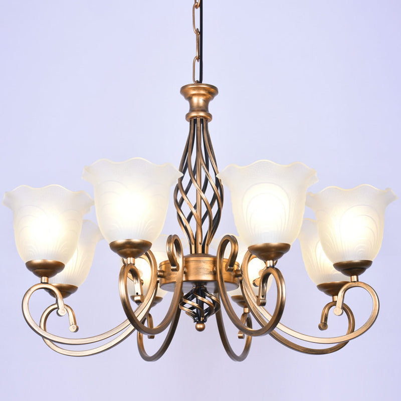 Ruffle Glass Floral Shade Chandelier For Classic Living Room Décor - Pendant Light With Scroll Arm