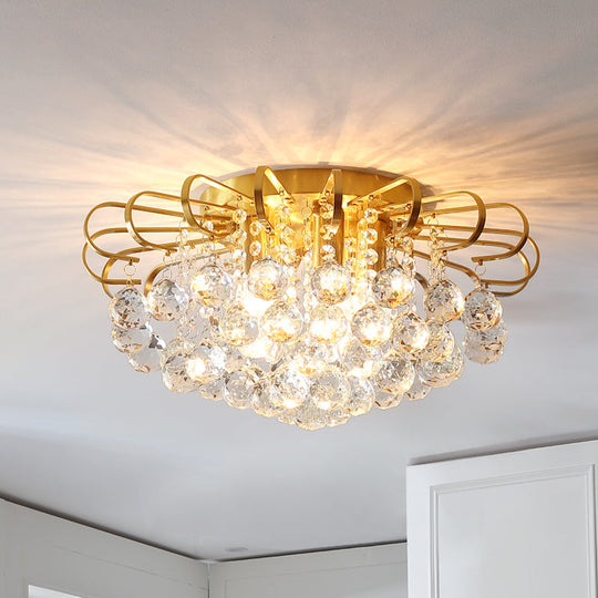 Modern Gold Cascade Flush Mount Light - Crystal Ball Ceiling (3/5 Lights 14/18 Wide)