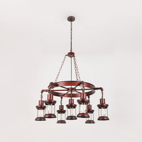 Wagon Wheel Chandelier With Clear Glass Shade In Bronze - Industrial Pendant Lighting