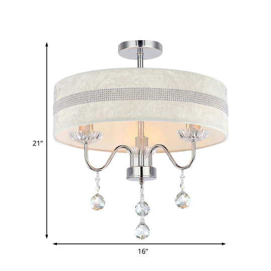 Modern Nordic Drum Fabric Chandelier Light With Crystal Drop For Bedroom - Chrome Finish