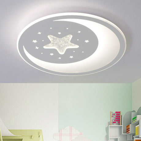 Metallic Led Flush Mount Ceiling Light For Kids Bedroom – Modern White Crescent And Star Design /