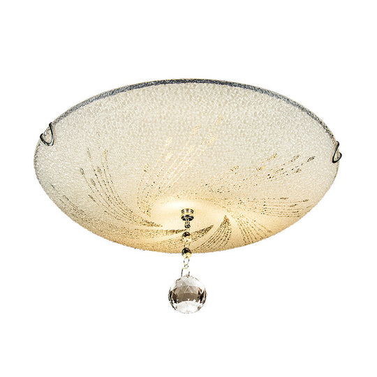 Modern Flush Mount Light With Frosted Glass And Crystal Drop - 3 Lights White Ceiling Fixture