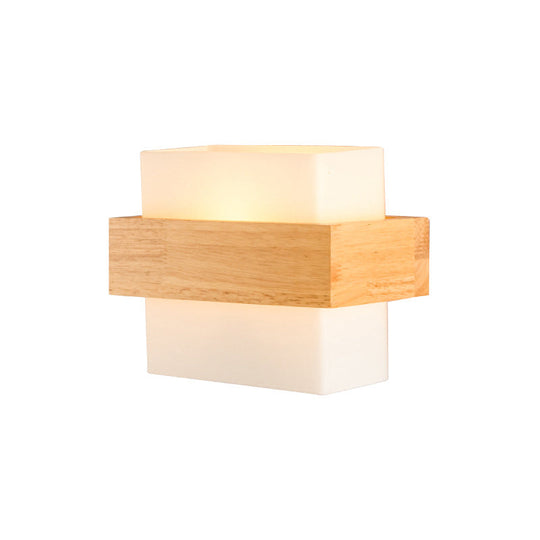 Modern White Glass Rectangle Sconce With Wooden Accents - Single-Bulb Wall Light Fixture