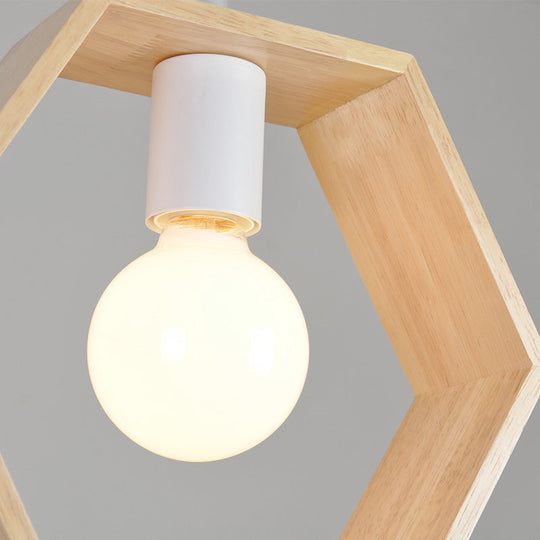 Modern Geometric Pendant Light With Wooden Frame - Single-Bulb Suspension Fixture