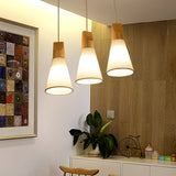 Simplicity Fabric Pendant Light With Wooden Top For Dining Room - Tapered Suspension 1-Light White
