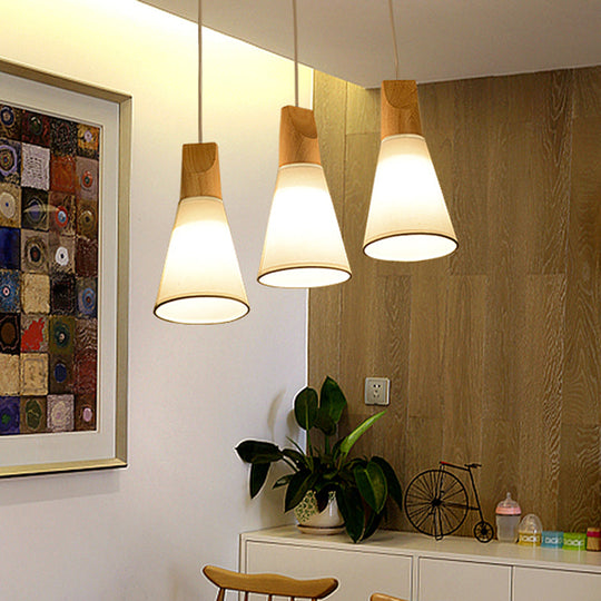Simplicity Fabric Pendant Light With Wooden Top For Dining Room - Tapered Suspension 1-Light White