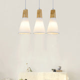 Simplicity Fabric Pendant Light With Wooden Top For Dining Room - Tapered Suspension 1-Light White