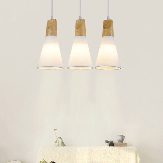 Simplicity Fabric Pendant Light With Wooden Top For Dining Room - Tapered Suspension 1-Light White