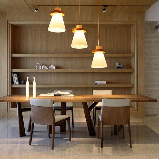 Japanese Style White Glass Conical Pendant Ceiling Light For Dining Room