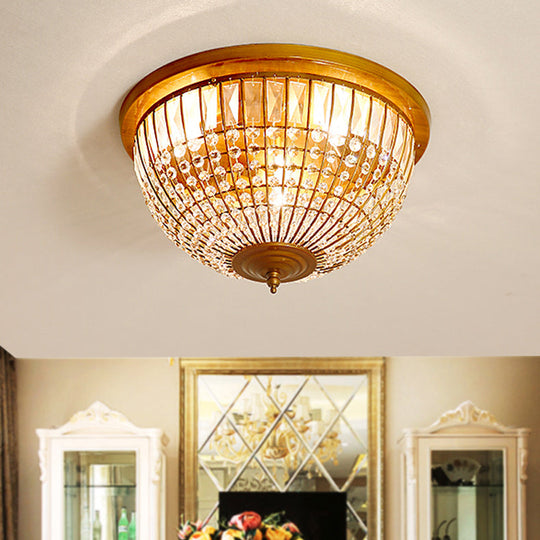 Modern Brass Flush Mount With Crystal Dome Shade - 3 Light Hallway Ceiling Fixture 14’/18’ Wide