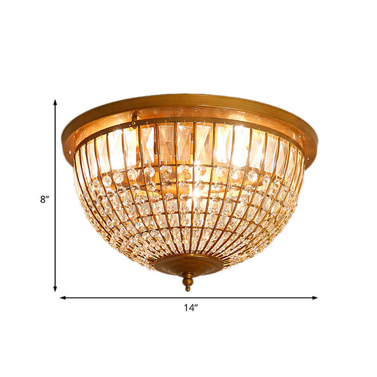 Modern Brass Flush Mount With Crystal Dome Shade - 3 Light Hallway Ceiling Fixture 14/18 Wide