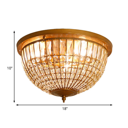 Modern Brass Flush Mount With Crystal Dome Shade - 3 Light Hallway Ceiling Fixture 14/18 Wide