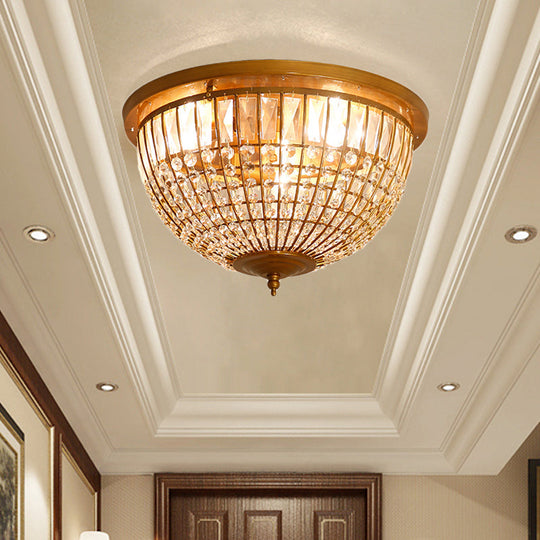 Modern Brass Flush Mount With Crystal Dome Shade - 3 Light Hallway Ceiling Fixture 14/18 Wide