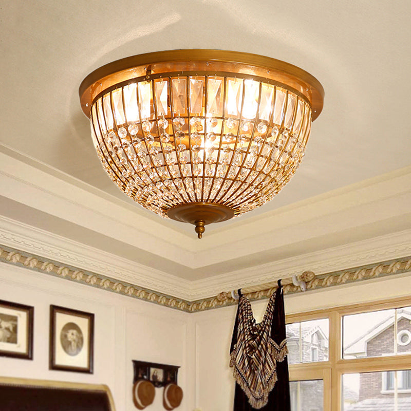 Modern Brass Flush Mount With Crystal Dome Shade - 3 Light Hallway Ceiling Fixture 14’/18’ Wide