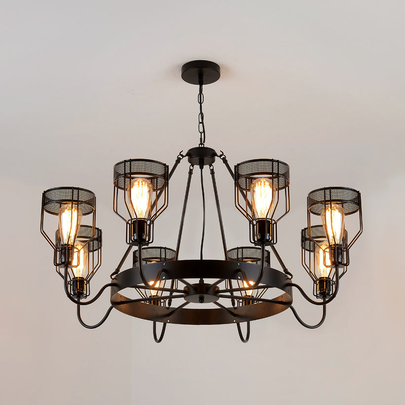 Retro Style 6/8-Light Chandelier With Wire Guard And Bell Shade In Black 8 / Up