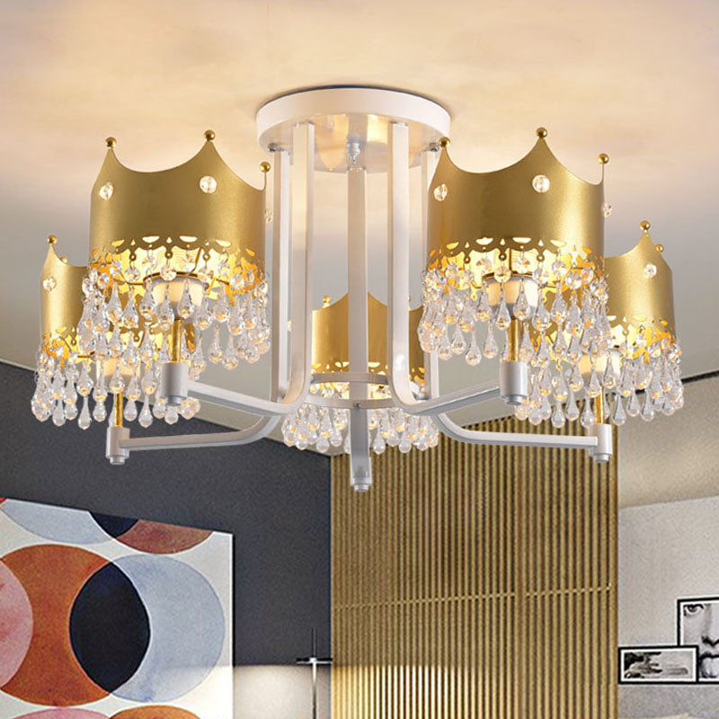 Modern Crown Shape Chandelier Light - Waterdrop Crystal 5 Lights Gold Ceiling Fixture