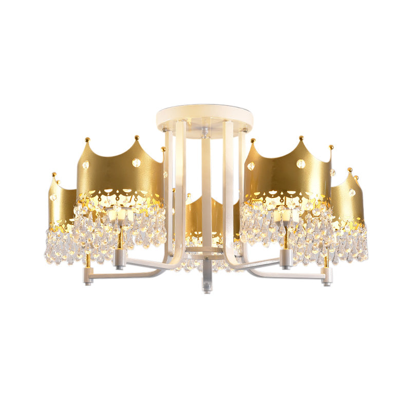 Modern Crown Shape Chandelier Light - Waterdrop Crystal 5 Lights Gold Ceiling Fixture