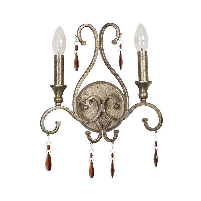 French Country Iron Candle Wall Sconce With Crystal Deco - Aged Silver 2-Light Fixture