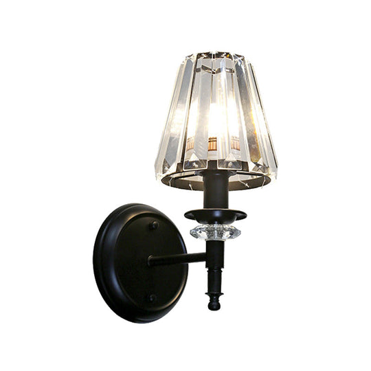Contemporary Clear Crystal Cone Wall Mount Light - 1-Bulb Black Finish Lamp For Bedroom