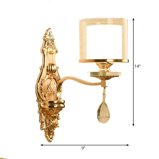 Vintage Gold Finish Cylinder Sconce Light: Metal Wall Fixture With Double Glass Shade And Crystal