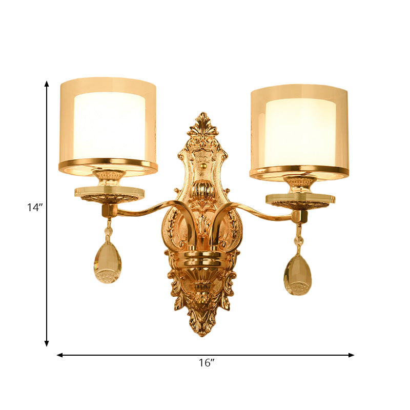 Vintage Gold Finish Cylinder Sconce Light: Metal Wall Fixture With Double Glass Shade And Crystal