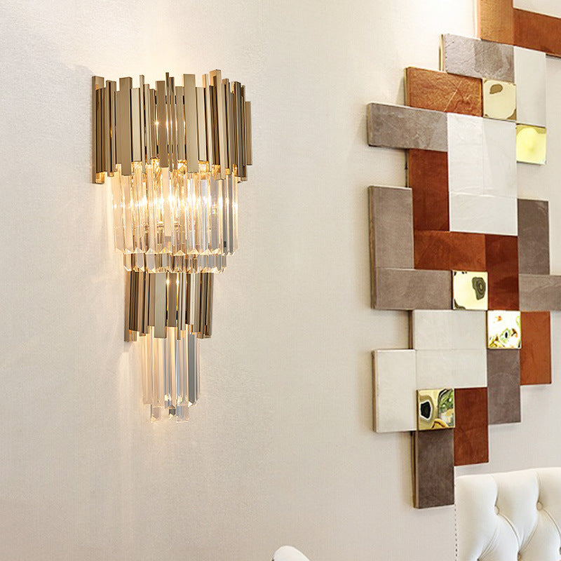 Modern Clear Crystal Tiered 2-Bulb Golden Wall Sconce Light - 8/12 W Metal Gold / 12