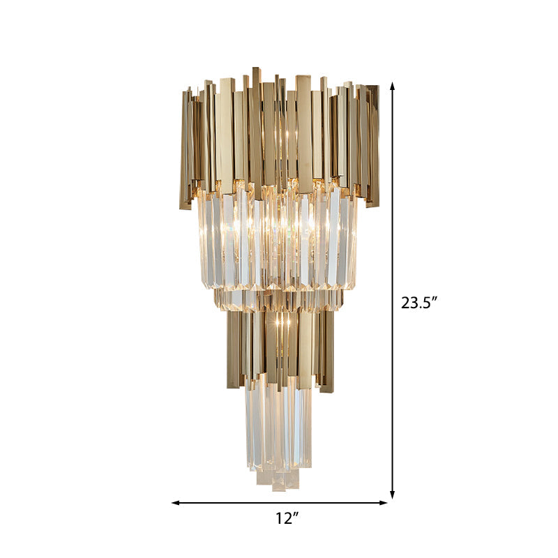 Modern Clear Crystal Tiered 2-Bulb Golden Wall Sconce Light - 8/12 W Metal