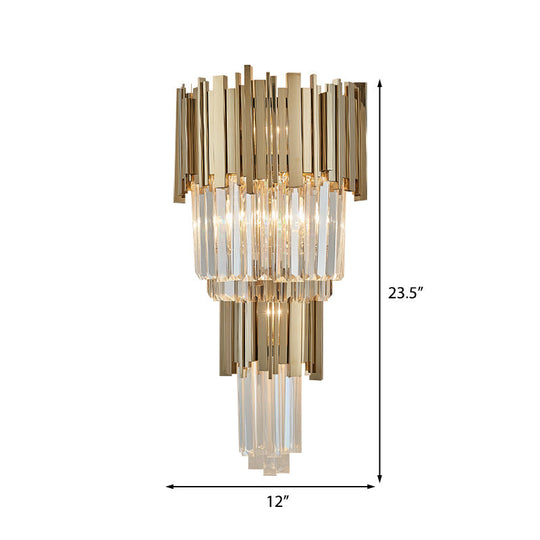 Modern Clear Crystal Tiered 2-Bulb Golden Wall Sconce Light - 8/12 W Metal