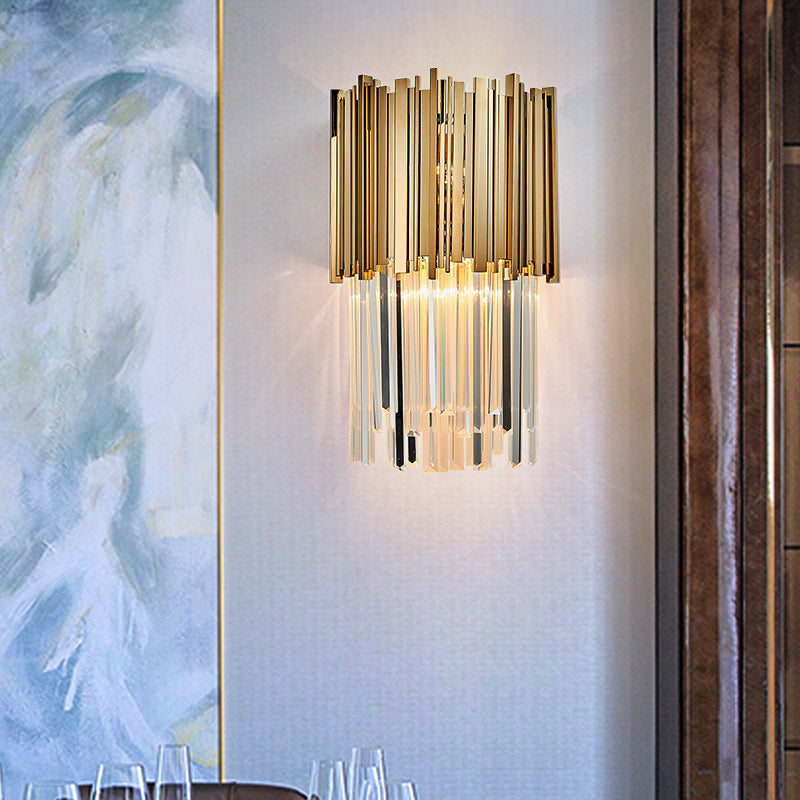 Modern Clear Crystal Tiered 2-Bulb Golden Wall Sconce Light - 8/12 W Metal Gold / 8