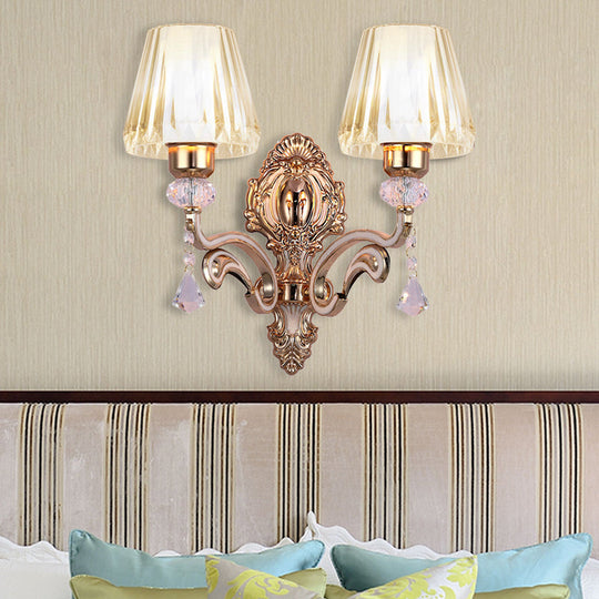 Vintage Cone Wall Lamp - Metal 2-Light Brass Sconce With Clear Glass Shade And Crystal Accent / B