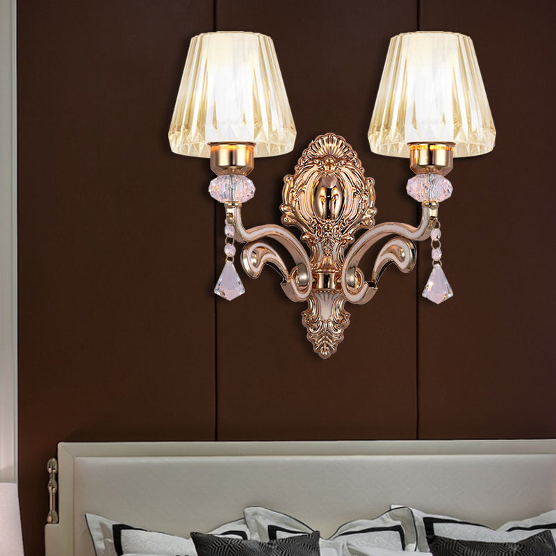 Vintage Cone Wall Lamp - Metal 2-Light Brass Sconce With Clear Glass Shade And Crystal Accent