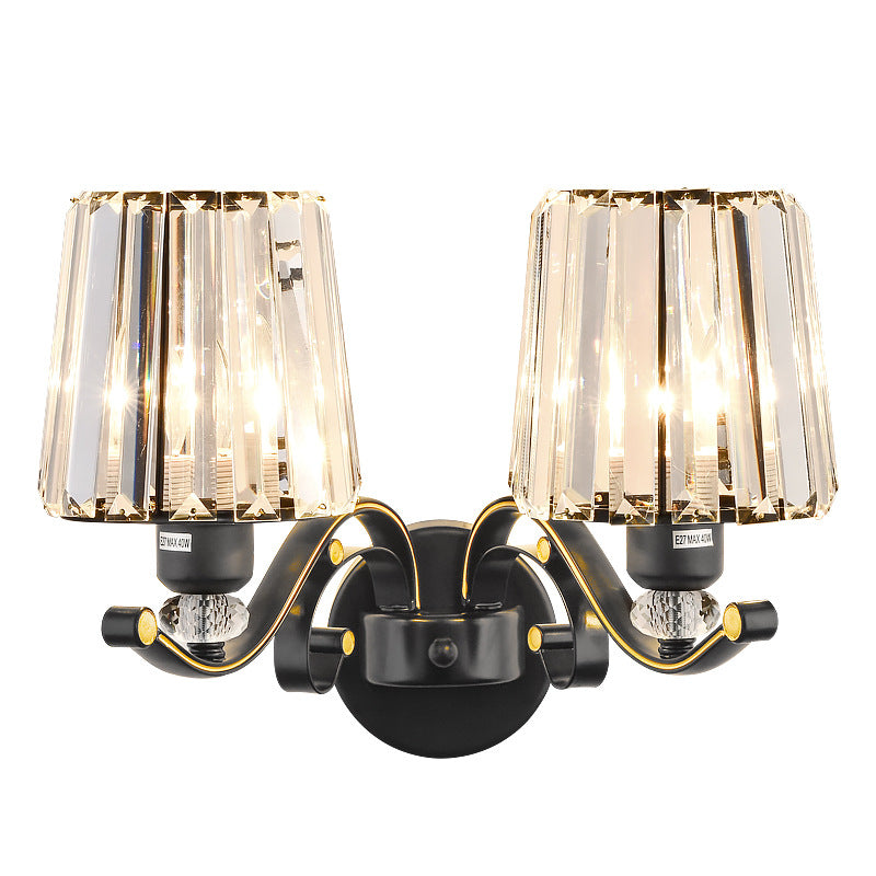 Modern Clear Glass Conic Wall Lamp - 1/2-Bulb Black Sconce Lighting With Crystal Decor