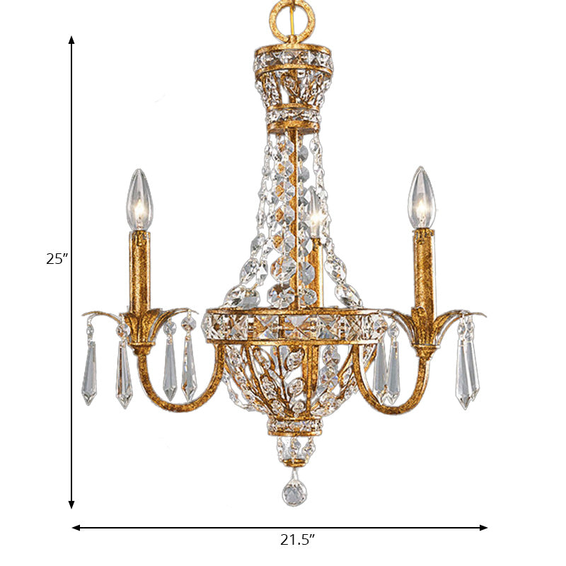 Gold Retro Pyramid Chandelier With Crystal Accents - 3 Heads Hanging Suspension Light For Living