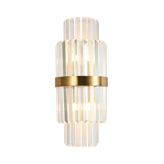 Modernist Clear Crystal Cylinder Wall Lighting Fixture - 2 Lights Golden Sconce Lamp (18/21.5