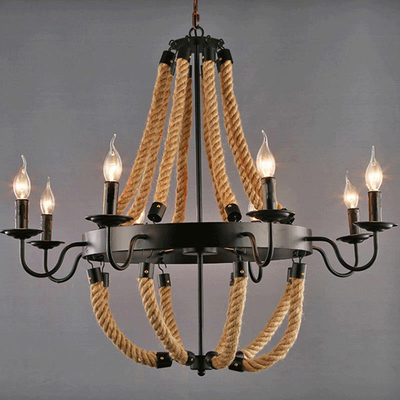 Rustic Iron Candlestick Chandelier With Hemp Rope - Flaxen Pendant Lighting For Living Room