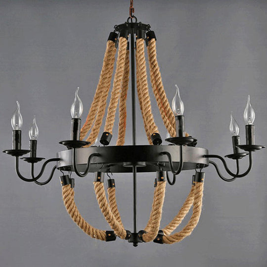 Rustic Iron Candlestick Chandelier With Hemp Rope - Flaxen Pendant Lighting For Living Room