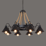 Industrial Circle Iron Ceiling Lighting Chandelier With Hemp Rope In Black 8 / C