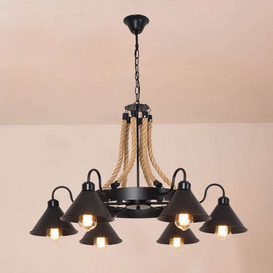 Vintage Iron Wheel Chandelier Pendant Light With Hemp Rope In Black For Restaurants / 34.5’ A
