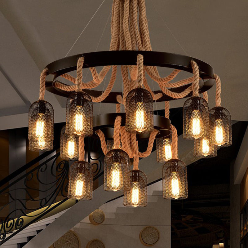 Vintage Iron Chandelier Pendant Light With Rope Detail For Restaurants - Black