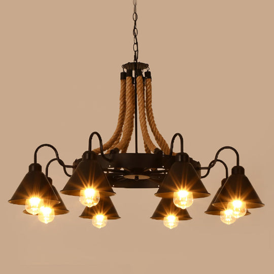 Rustic Hemp Rope Restaurant Chandelier With Black Dangling Suspension Light 8 / A