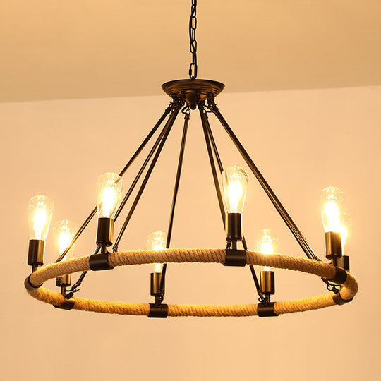 Rustic Hemp Rope Restaurant Chandelier With Black Dangling Suspension Light 8 / B