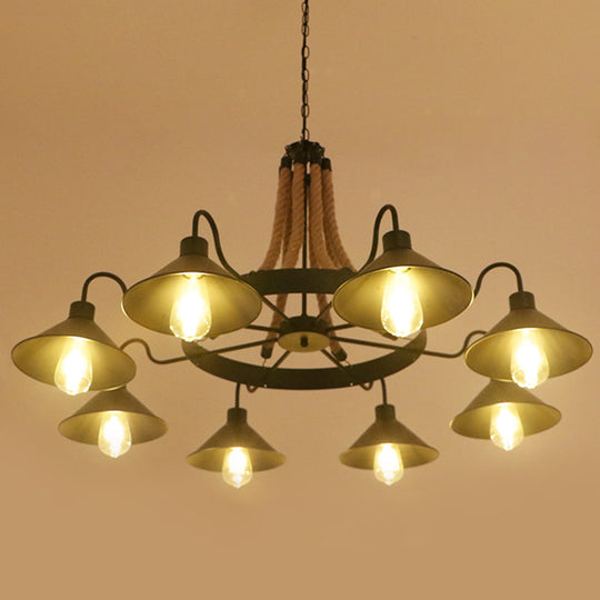 Circular Industrial Restaurant Chandelier With Hemp Rope In Black Iron Finish 8 / B