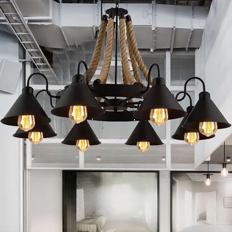 Circular Industrial Restaurant Chandelier With Hemp Rope In Black Iron Finish