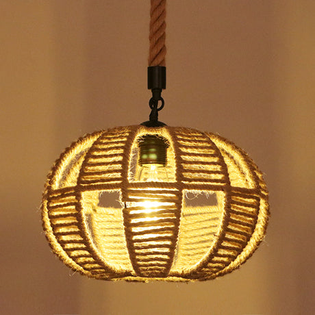 Industrial Hemp Rope Caged Ceiling Pendant Light With Flaxen Finish - Ideal For Restaurants / D